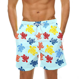 Men's Fashion Turtle Pattern Beach Pants, Mesh Shorts Vacation Drawstring Pants with Breathable New Quick-Drying
