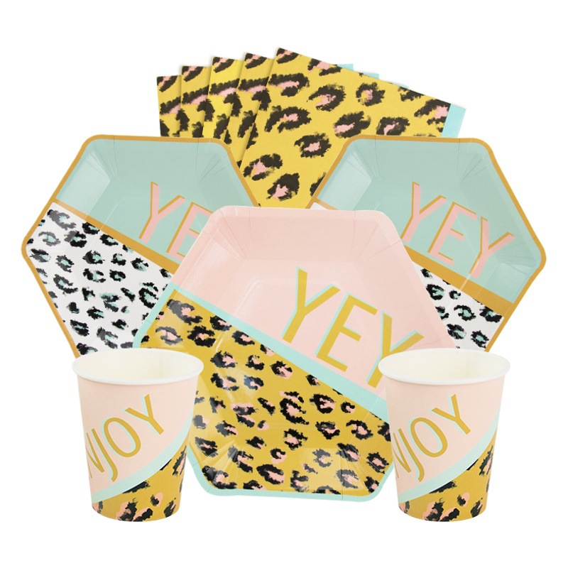 Bronceado leopardo tema adulto fiesta de cumpleaños suministros decoración vajilla desechable traje plato papel taza tejido