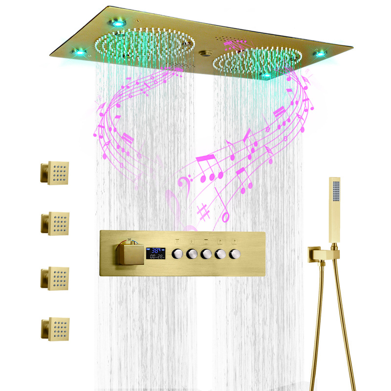 Wire drawing gold 620*320mm concealed LED music shower suit bathroom constant temperature LED digital shower system Wire drawing gold 620*320mm concealed LED music shower suit bathroom constant temperature LED digital shower system