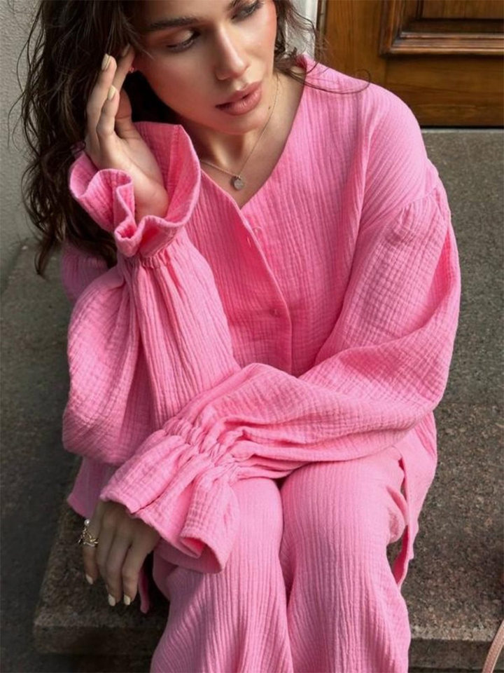 Bộ cardigan dài tay + quần ống rộng tay đèn lồng chất liệu cotton — màu hồng, màu đen, quả mơ chi tiết 12