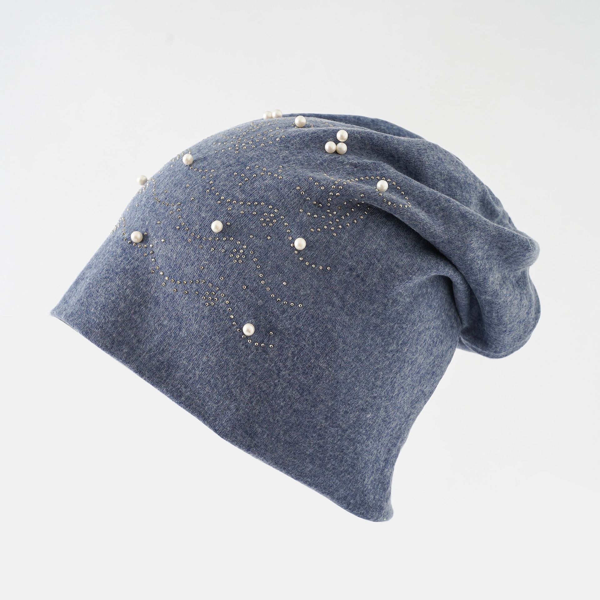 Las mujeres europeas y americanas de otoño e invierno nuevo cálido brimless rhinestone perla color sólido suéter sombrero al aire libre pila sombrero