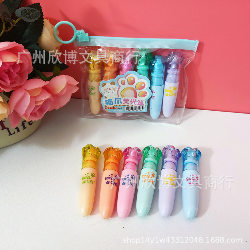 Exaltador de modelado de dibujos animados múltiples, 6 bolsas, diagonales, notas, puntos clave, estudiantes de primaria, marcadores, graffiti