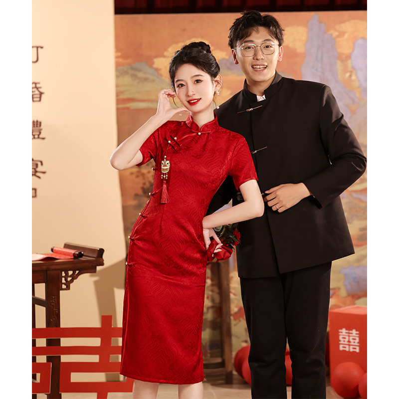 Bridal red Chinese engagement dress dress back-to-door casual dress wedding high-grade improved cheongsam toast dress
