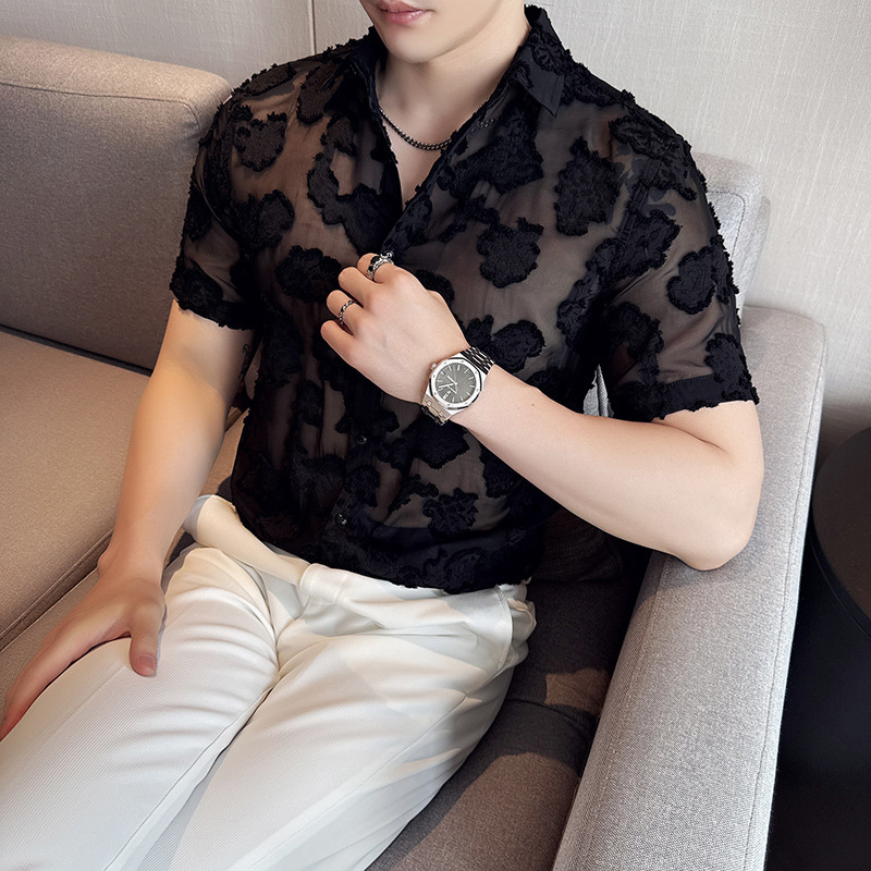 Versatile Popular 2025 Summer Lace Hollow Short-Sleeved Shirt Ice Silk Fashion No-Iron Shirt Men's Clothing
