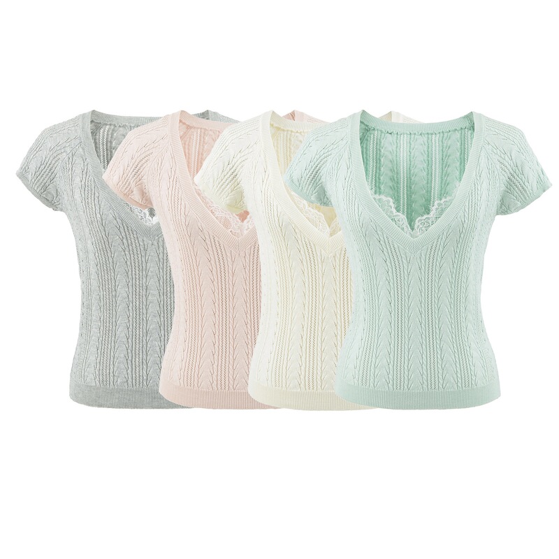 V-Neck Short-Sleeve Knit Top for Women, Summer New Style, Petite Fairy Lace Trim, Slim Fit, Flattering Base Shirt V-Neck Short-Sleeve Knit Top for Women, Summer New Style, Petite Fairy Lace Trim, Slim Fit, Flattering Base Shirt