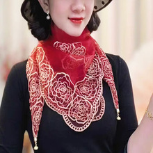 复古刺绣方巾多功能装饰丝巾纱巾时尚百搭气质薄款遮颈纹围巾磁扣
