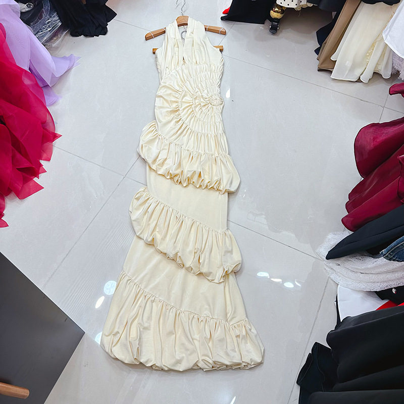 Thirteen Lines Australian Niche Light Luxury Evening Dress Apricot Mermaid Dress V-Neck Halter Floor-Length Dress A1 # 1220