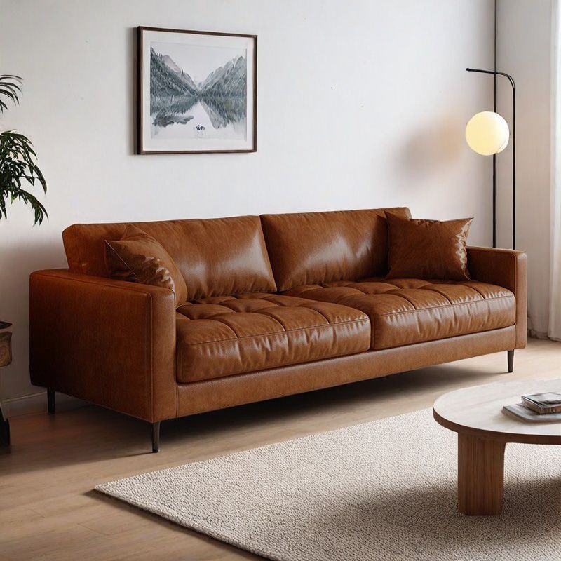 Retro Oil Wax Cat Claw Leather Sofa Living Room Small Apartment Mid-Century Style Modern Simple Straight Row Double or Three Person Sofa American Style