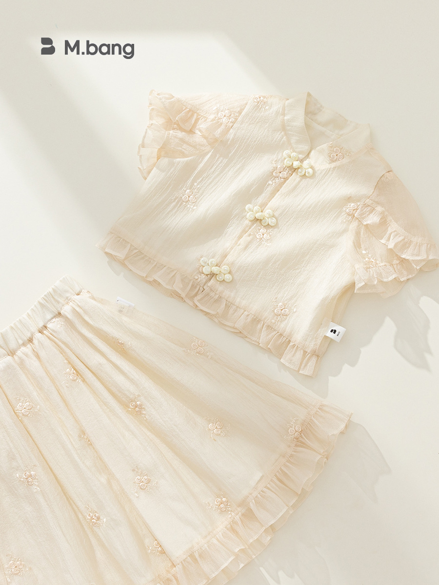 Bangchoan ropa infantil set de estilo nacional de verano, camiseta de hebilla, media falda, niñas dos sets de ropa de estilo antiguo para niños