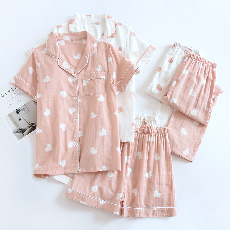 Japanese Cotton Yarn Pajamas Women's Three-Piece Set Summer Thin Short-Sleeved Trousers Shorts Spring and Autumn Pure Cotton Tulle Home Clothes Japanese Cotton Yarn Pajamas Women's Three-Piece Set Summer Thin Short-Sleeved Trousers Shorts Spring and Autumn Pure Cotton Tulle Home Clothes