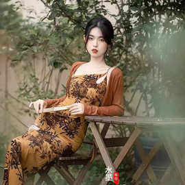 新中式国风吊带旗袍套装女春夏复古两件套辣妹小众设计修身连衣裙