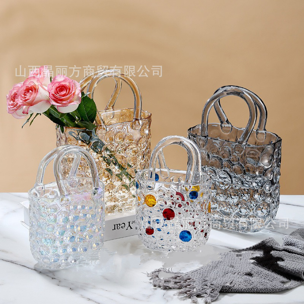 Nórdico lujoso bolso de mano creativo punto vasos de vidrio flores hidropónicas escritorio de alta calidad ornamentos decorativos