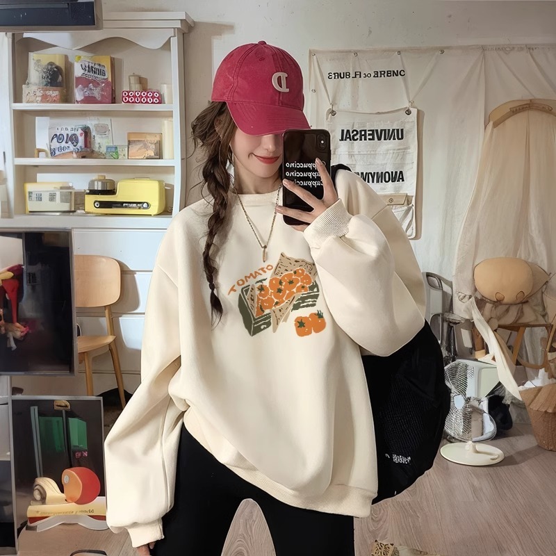 慵懒风宽松圆领卫衣女2025秋冬新款加绒加厚美式重磅套头上衣ins|undefined
