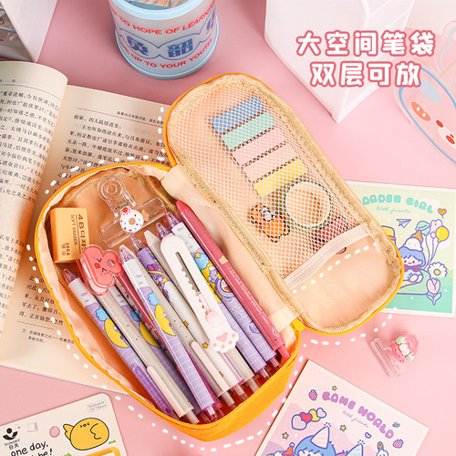 Creative student pencil bag with large capacity, cartoon cute stationery storage pencil bag, Oxford cloth multi-functional pencil case