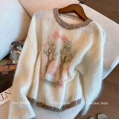 撞色拼接钉珠马海毛套头毛衣女秋季时尚新款慵懒风软糯气质针织衫