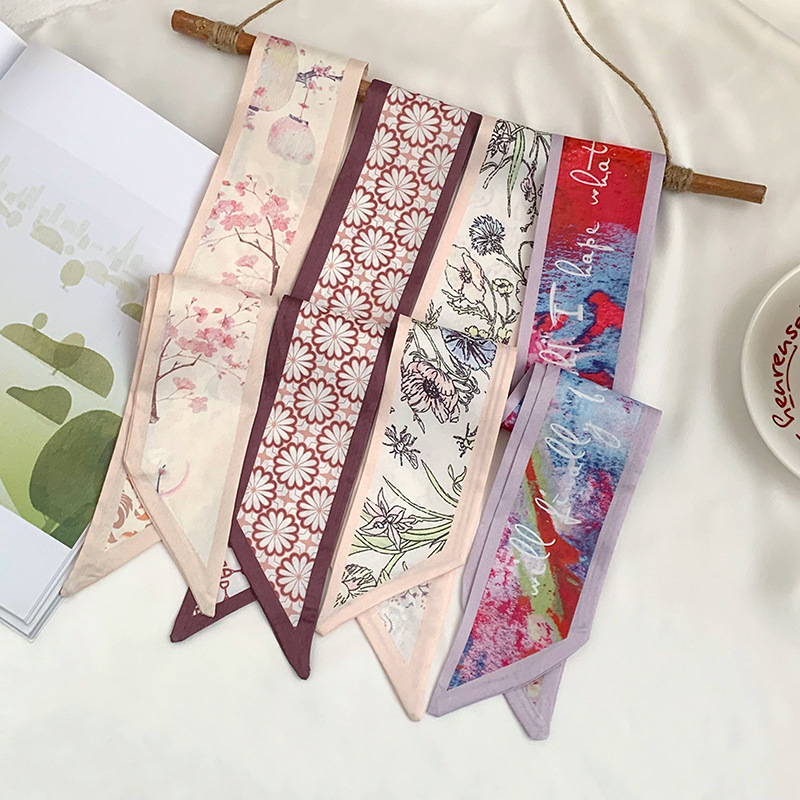 Pañuelo de seda, tira larga, sensación de alta calidad, pequeño pañuelo floral fresco, cinturón para el cabello, bolsa para atar, cinta para atar, bufanda decorativa, cinturón para la cintura
