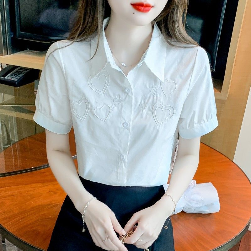 Spring Shirt for Women, Summer 2026 New Style, Heart Embroidery, Turn-Down Collar, Professional White Shirt, Short-Sleeved, Stylish Blouse for Women