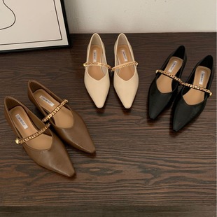 2025 Spring and Autumn New French Style Small Fragrance Pointed Toe Elegant Single Strap Shallow Versatile Flat Shoes for Women