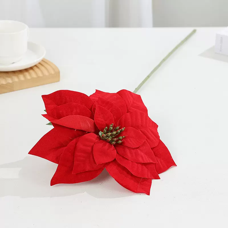 亚马逊爆款一品红单支仿真花客厅桌面装饰结婚布置盆景插花圣诞花