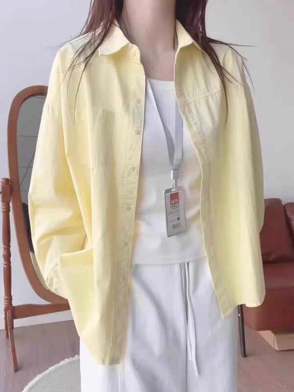 2025年新款多巴胺奶黄色纯棉衬衫女夏季叠穿宽松衬衣外套外穿防晒|undefined