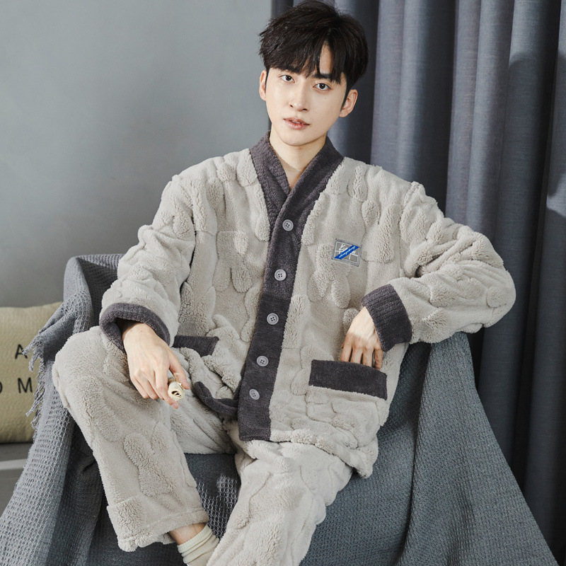 남자 산호 양털 파자마 가을과 겨울 기모 기모노 칼라 플란넬 홈 의류 세트 및 겨울 외투