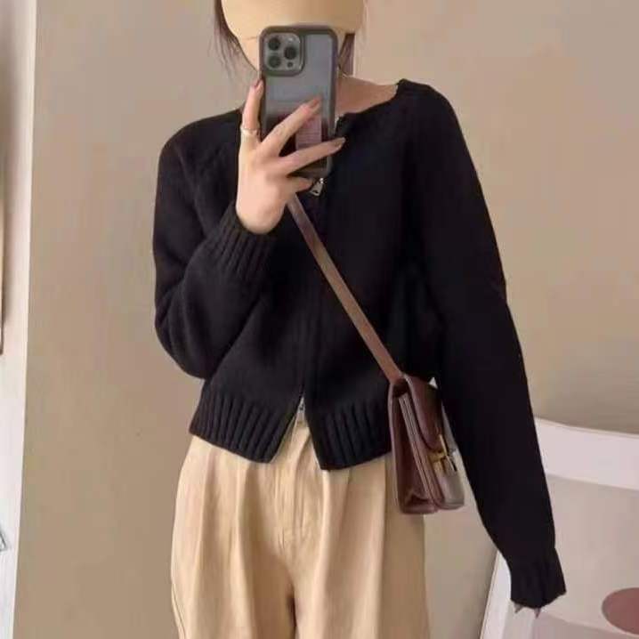 2025秋冬新款宽松灰色短款毛衣外套女装加厚拉链长袖针织开衫上衣|undefined