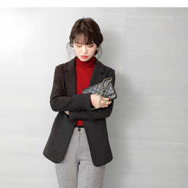 日系2025秋冬深灰色羊毛呢小西装外套女英伦风中长款西服女百搭