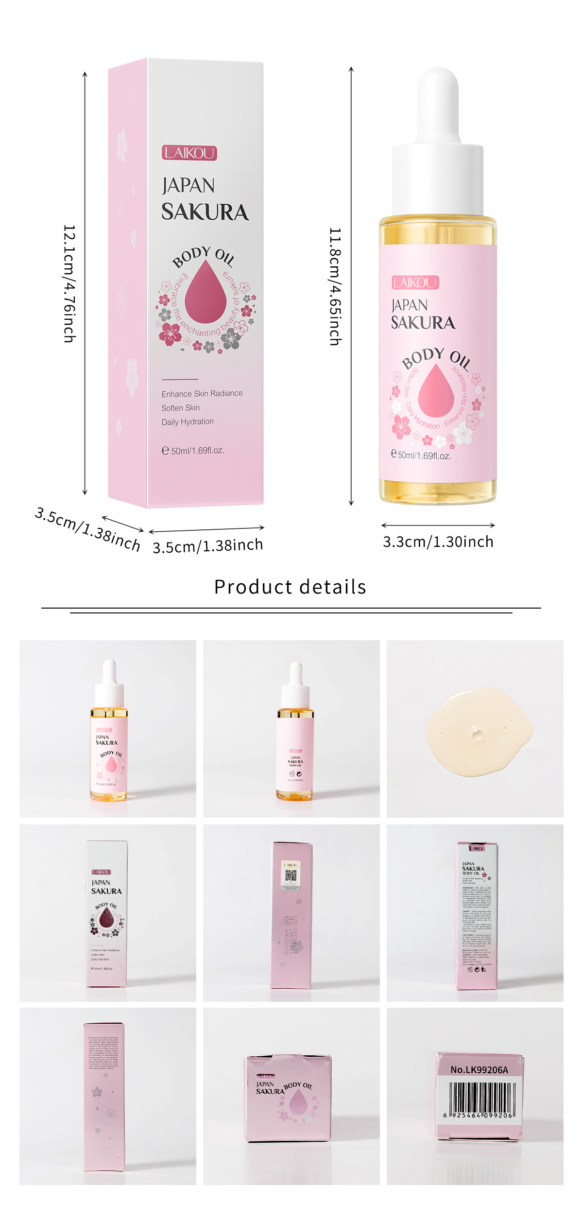 Cross-border Laikou Cherry Blossom Body Essential Oil 50g Moisturizing Essential Oil Hydrating and hydrating Manufacturer in stock, one-piece consignment, English undefined