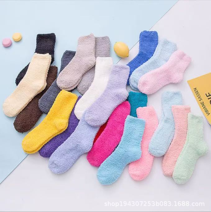 Amazon Women's Slippers Socks Fluffy Plush Home Sleep Socks Coral Fleece Socks Candy Color Mid-Calf Socks Cross-Border