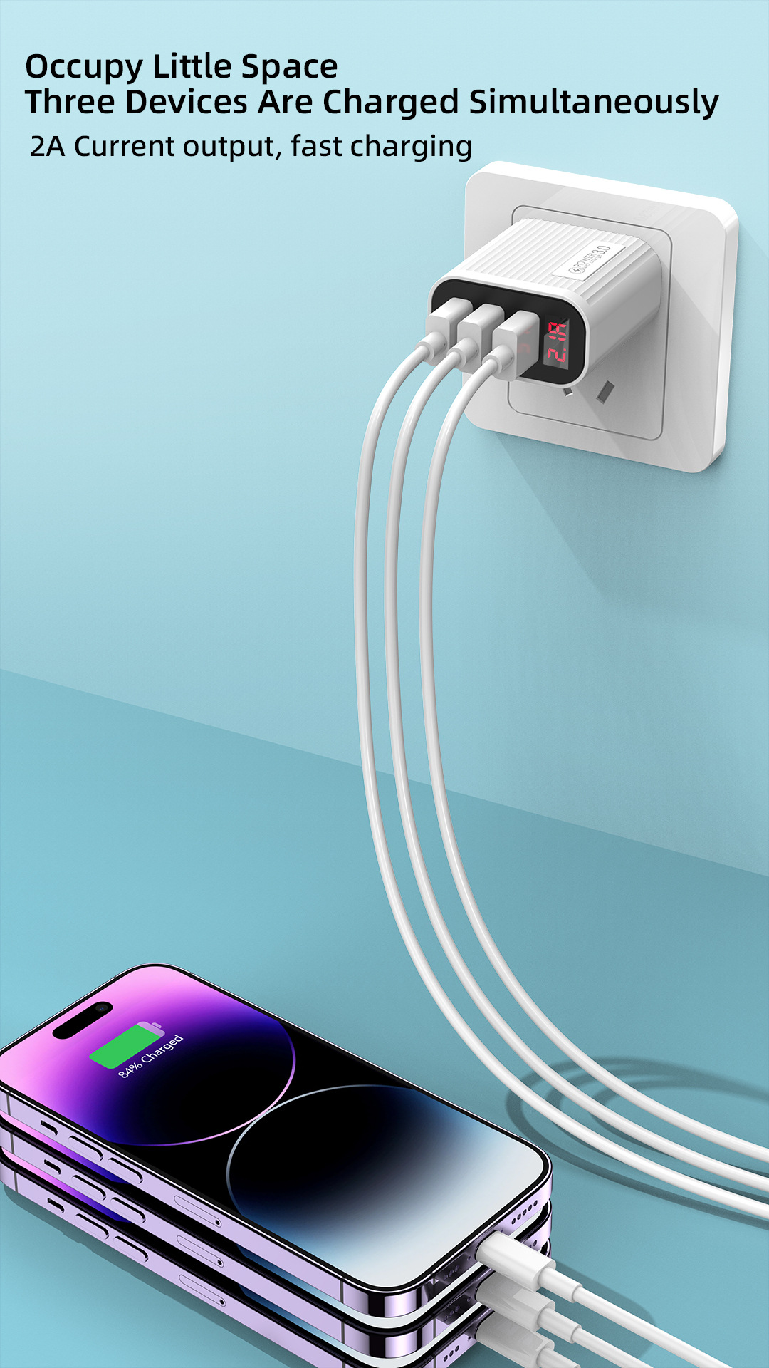 3USB Digital Phone Charger Multi port Display European American Standard Fast Charging Head Suitable for Apple and_voghion.com