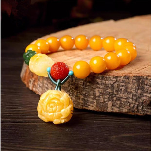 Beeswax bracelet female peony flower brave jade amber chicken yellow beads bracelet beads 10mm wholesale