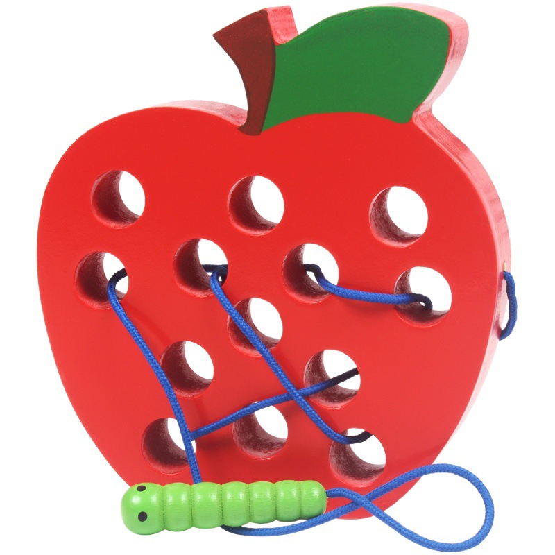 Montessori de madera para niños educación temprana ayuda didáctica niños gusano comiendo juego de manzana ejercicio práctico habilidad enhebrar juguetes educativos