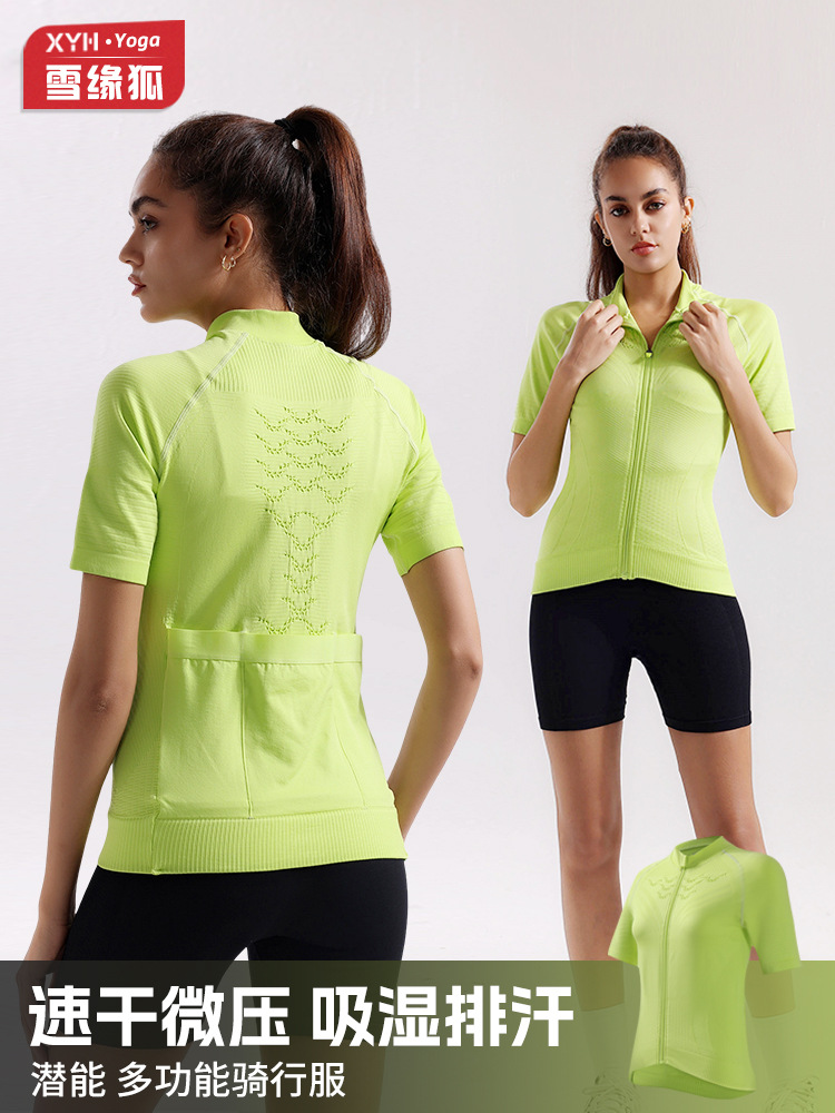 Verano fitness deportes yoga ciclismo manga corta mujer cremallera cuello alto transpirable de secado rápido compresión con bolsillo camiseta ajustada