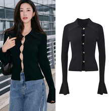 2025秋冬朱珠明星同款黑色镂空喇叭袖修身显瘦时尚百搭针织衫