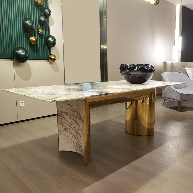 Mesa de Comedor Rectangular de Mármol y Metal, Desmontable, para Comedor
