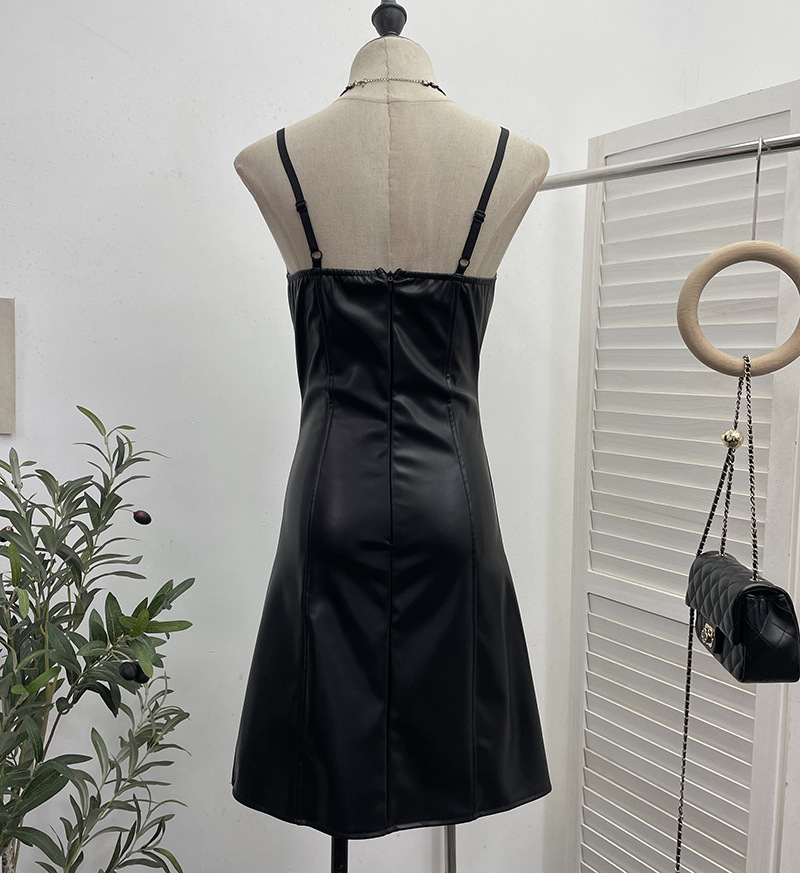 Real Shot Sexy Sling Sheath A line Faux Leather Waist Slimming Short Chest Pad Dress