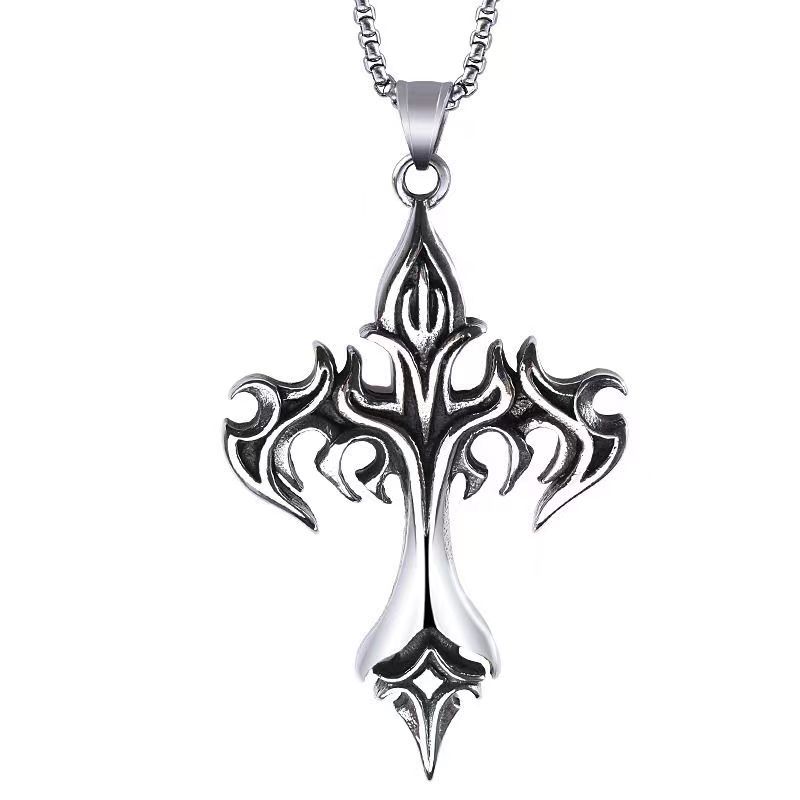 Stainless Steel, Alloy Material Cross, Flame Pattern Men'S Gender Punk Modern Style Cross Flame Stainless Steel Alloy Plating Men's Long Necklace
