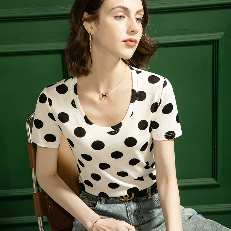 French Style Polo Dot Printed Soup Spoon Collar T-shirt Women's Short-sleeved Loose Casual 2022 Summer New Style Spoon Collar Top