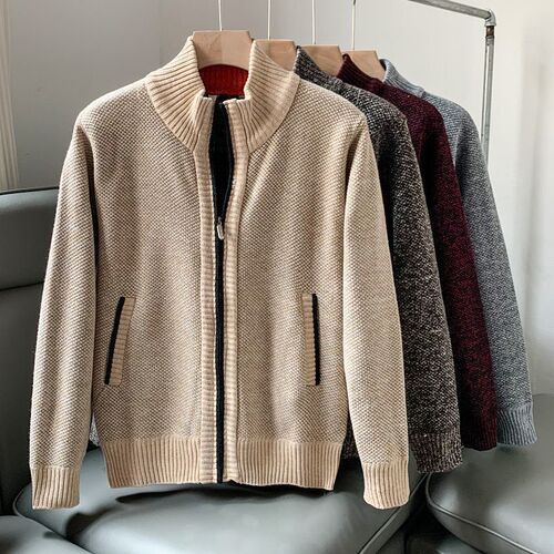 Fall/Winter Men's Stand-Neck Knitted Cardigan with Fleece Lining, Extra-Thick & Warm, Casual, Versatile Sweater Jacket Coat