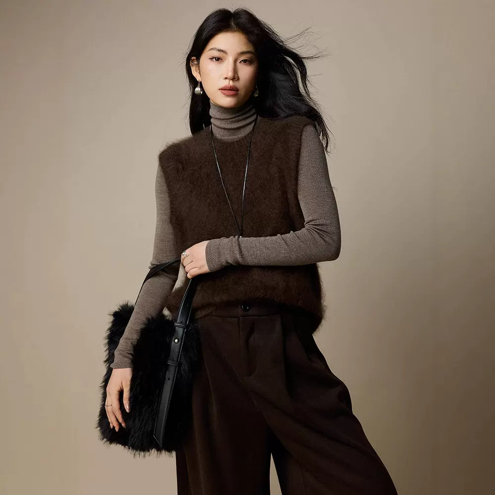 [拉毛系列]100羊毛马甲拉毛毛衣女秋冬2025新款女装叠穿针织背心