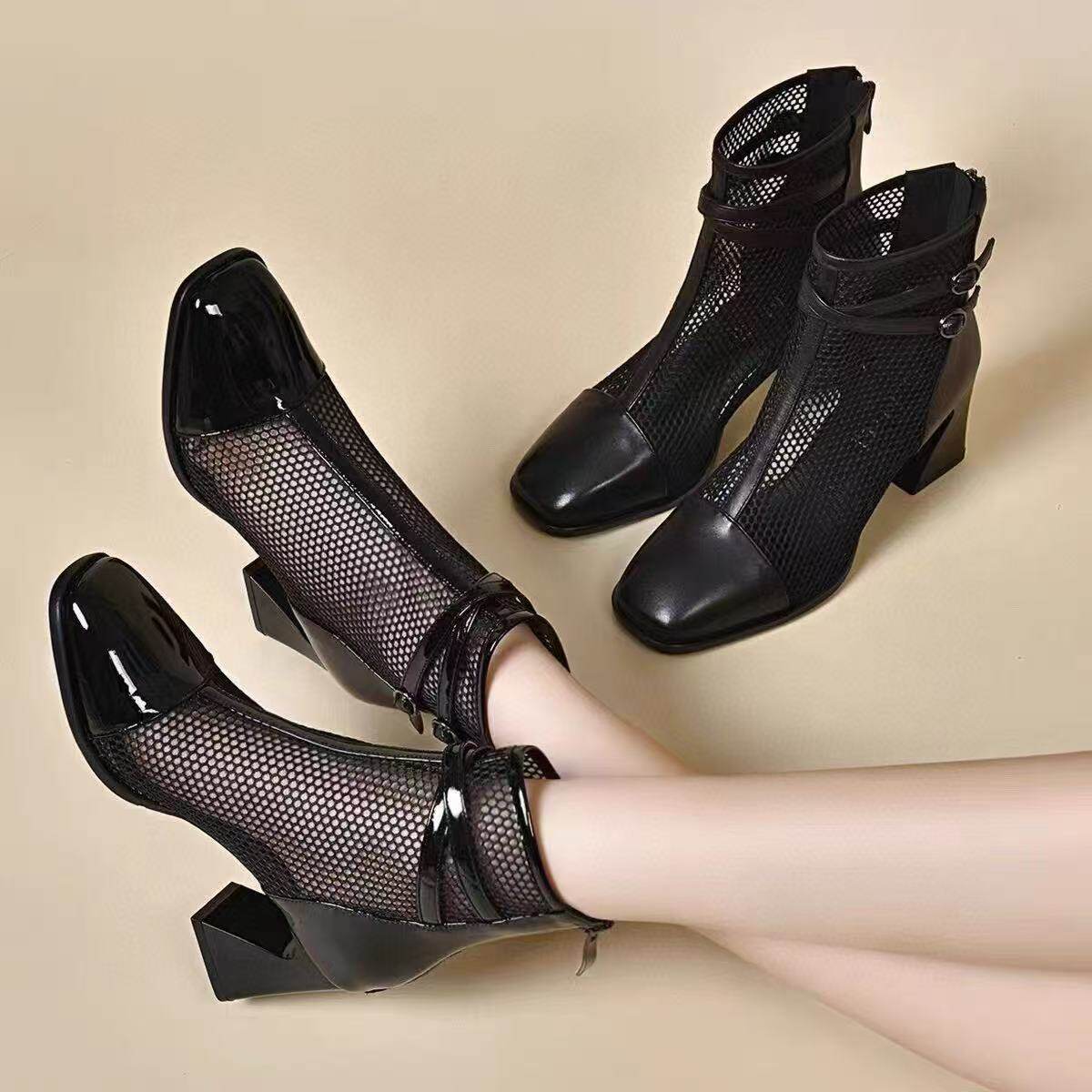 Sandal nữ da thật mũi vuông lưới thoáng khí gót thô đế mềm — Da sơn đen
