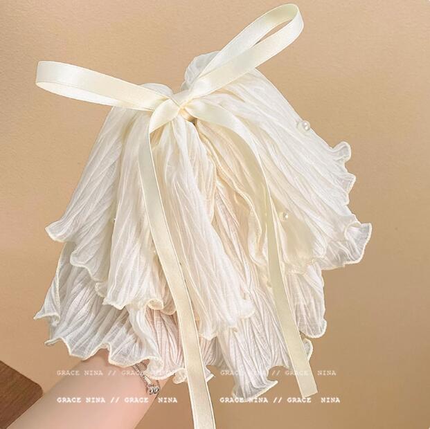 韓国海塩ブルーデイリーメッシュリボンリボンポニーテールクリップパール装飾高頭蓋固定ヘアピン女性用|undefined