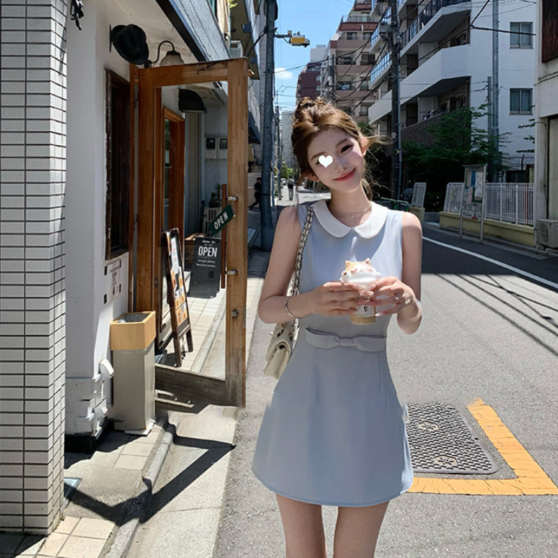 JMSHOP Miss Windsor TR Twill Suit Fabric Doll Collar Dress for Women, Slim-Fit Sleeveless Tank Dress