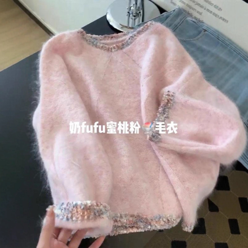 韩系小香风重工亮片圆领套头毛衣女秋冬慵懒风宽松百搭针织上衣潮|undefined