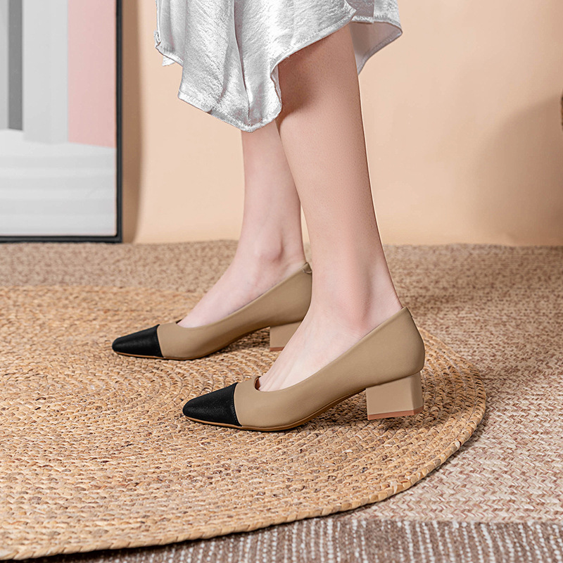 Net rote Schaffell-Ledernähte flacher Mund Einzelschuhe Damen 2023 Frühjahr neue quadratische Zehen dicker Absatz Damenschuhe weiches Leder High Heels_voghion.com