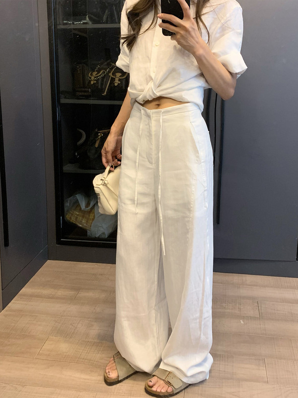 chao级推荐！夏季薄款藏青色亚麻宽松直筒裤女百搭显瘦窄版阔腿裤|undefined