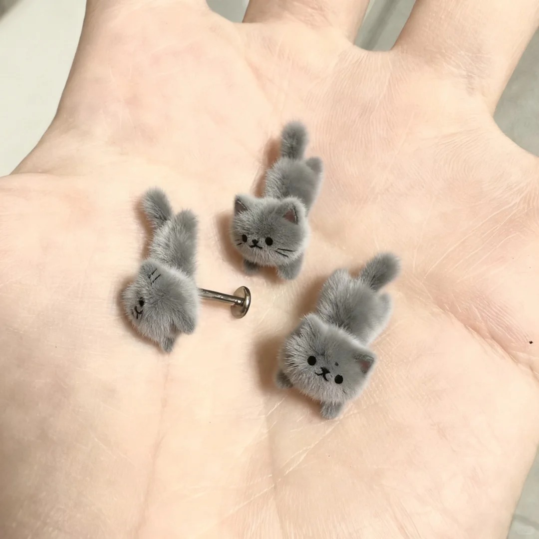 A Little Kitten In One Bite, Furry And Cute Flocked Blue Cat Earrings, Small Cartoon Gentle Animal Earrings