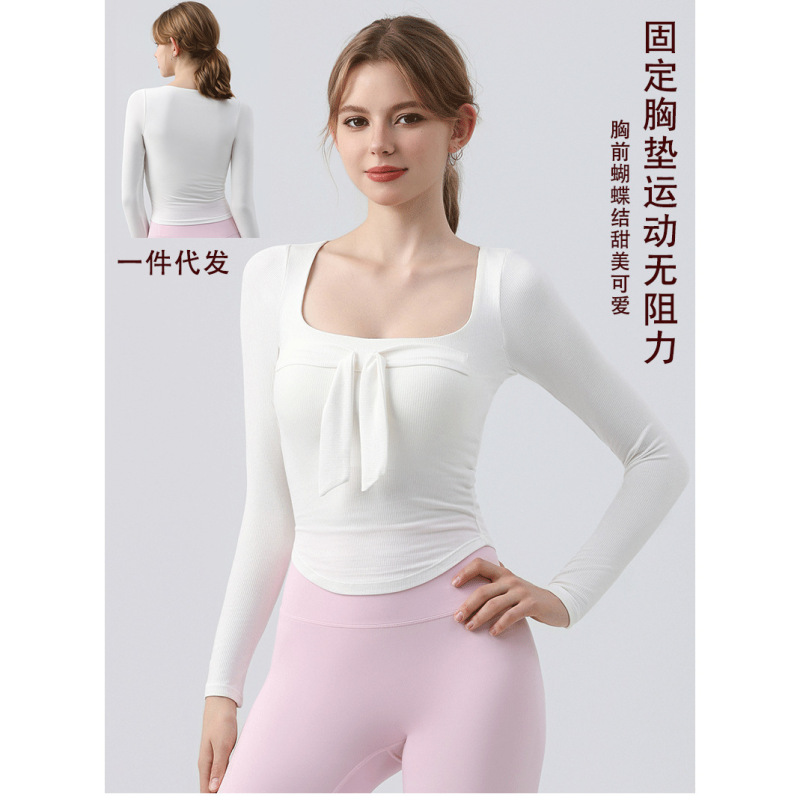 Lace-Up Bow-Tie Long-Sleeved Sports T-Shirt with Chest Pads, Fitness Wear, Pilates Inner Wear, Slim-Fit Square-Neck Yoga Wear