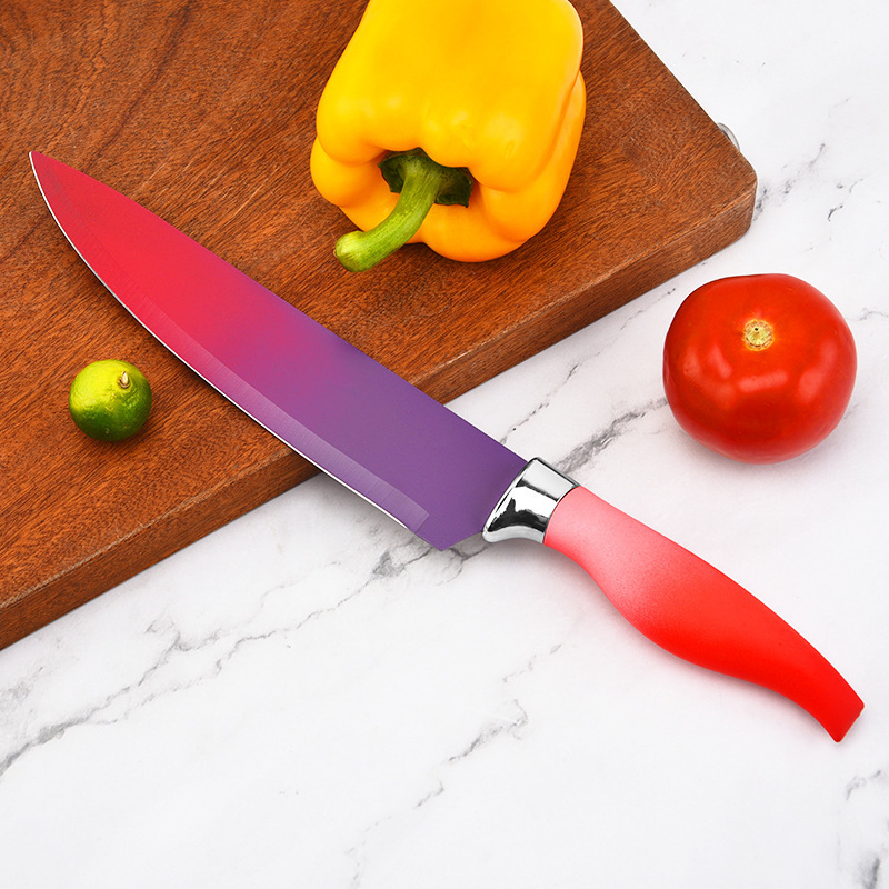 Fábrica de comercio exterior venta caliente suministro de nuevos cuchillos de acero inoxidable de cocina color gradiente mango de abdomen de seis piezas conjunto de herramientas