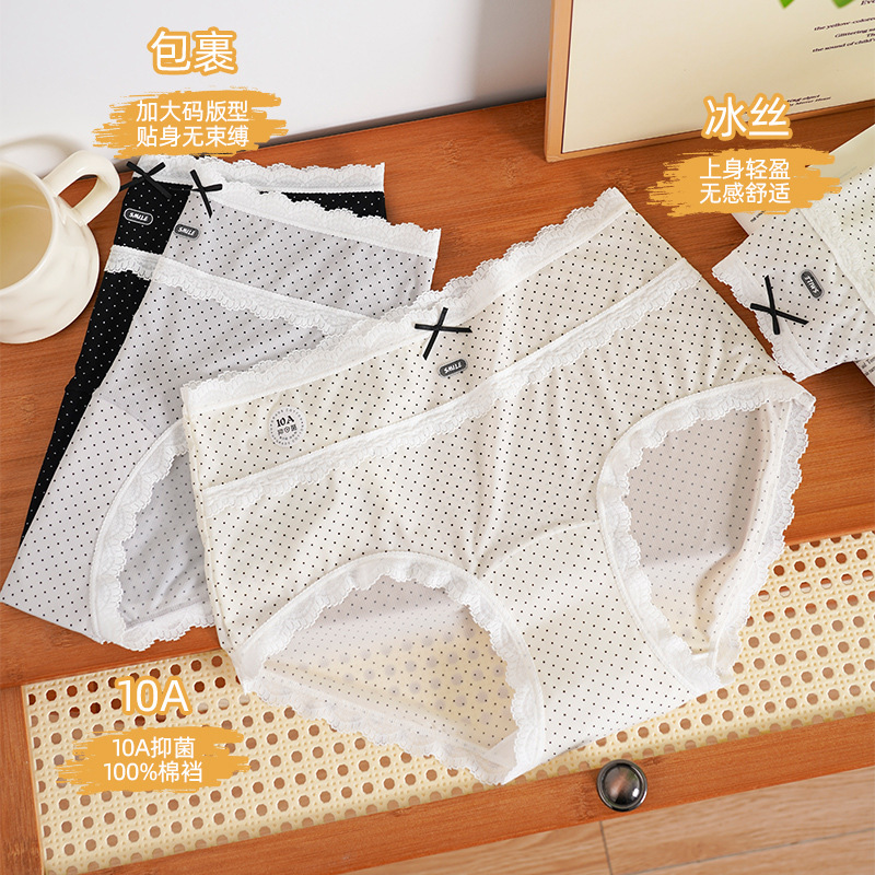 Ultra-Thin Ice Silk Plus-Size Women's High-Waisted Panties 100kg Retro Lace Polka Dot Print Pure Cotton Extended Crotch Briefs